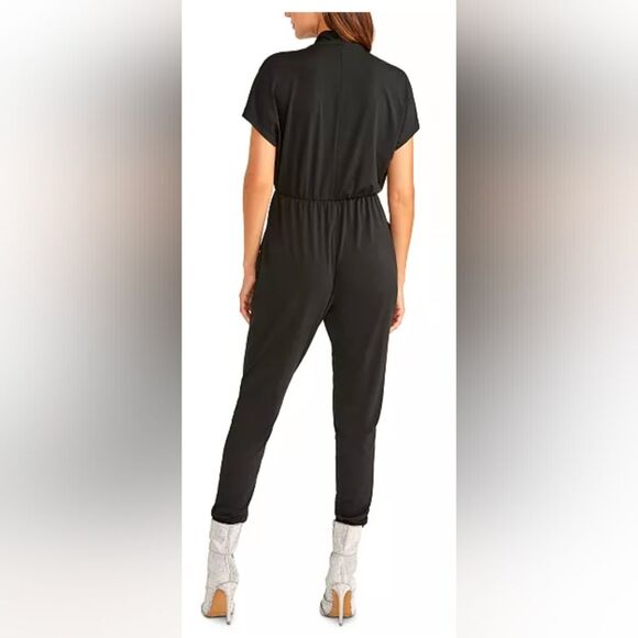 RACHEL Rachel Roy Pleated Black Jumpsuit Faux Wrap Witchy Plus Size 1X Pockets - Picture 2 of 10